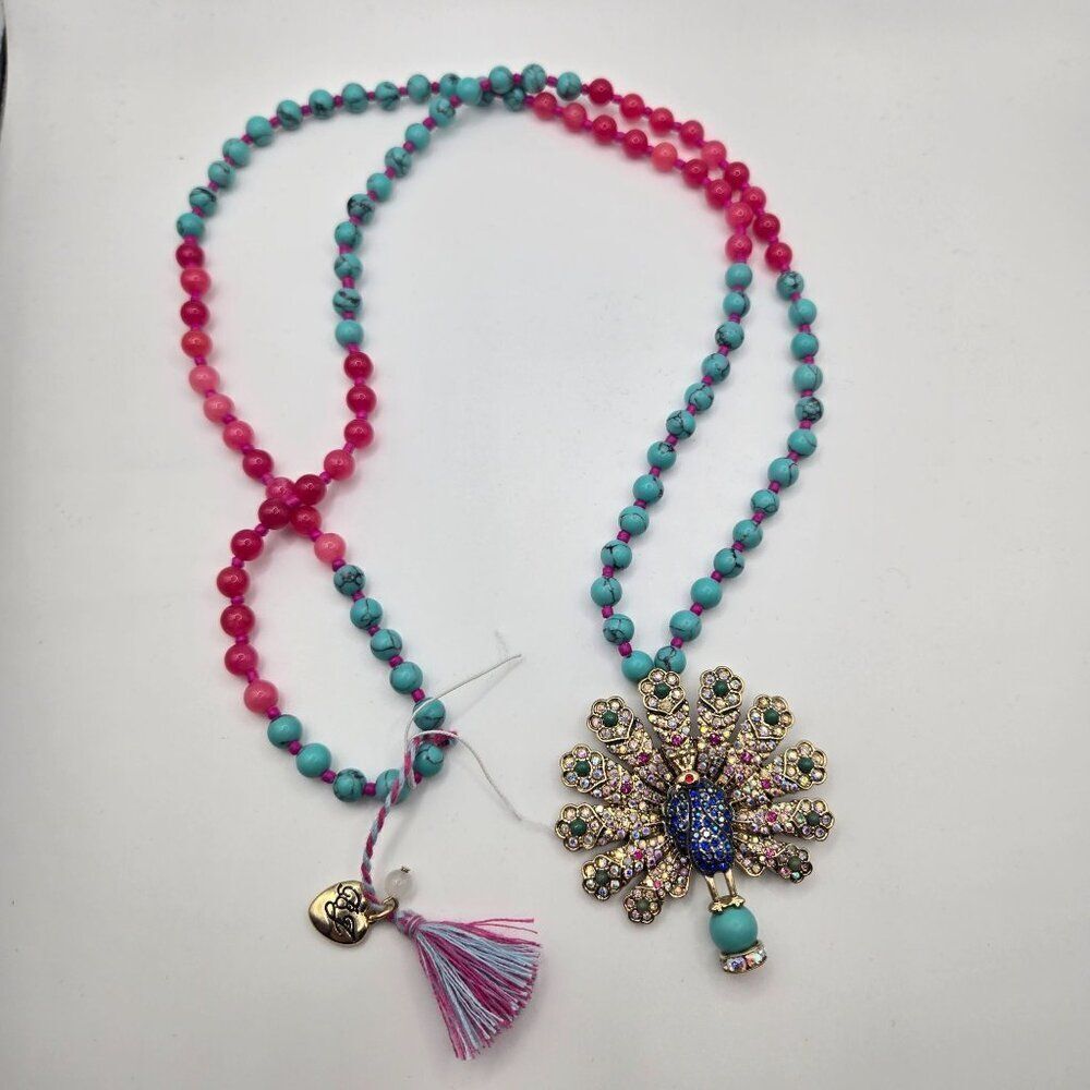 Betsey Johnson Boho Peacock Tassel Necklace Multi Stone Pendant Beaded New